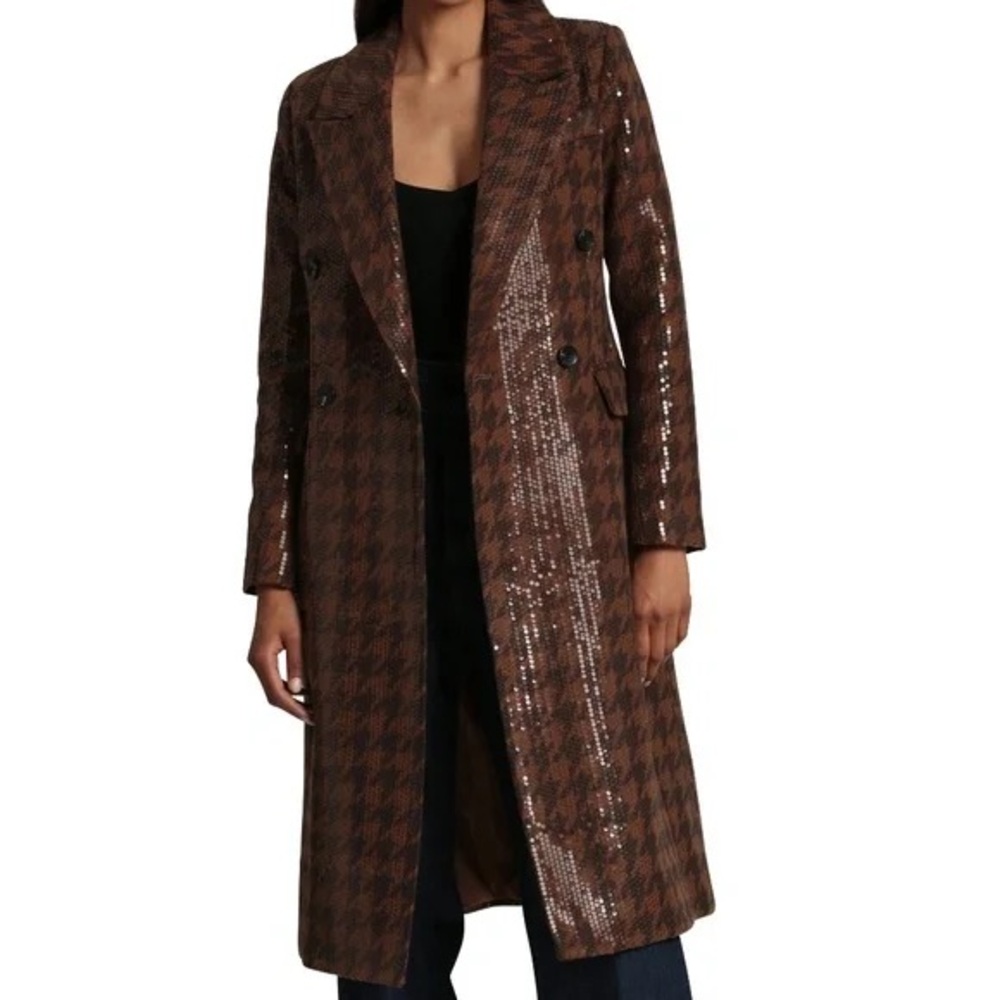 Avec Les Filles Brown Houndstooth Sequin Tailored Women's Coat L